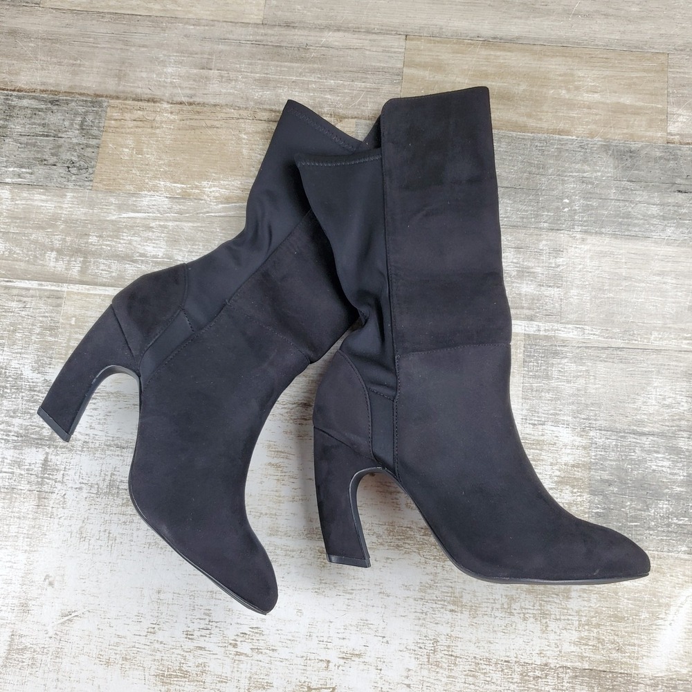 Bellini Chrome Stretch Womens Boots Sz 9 M Black Leather Pointed Toe Block Heel